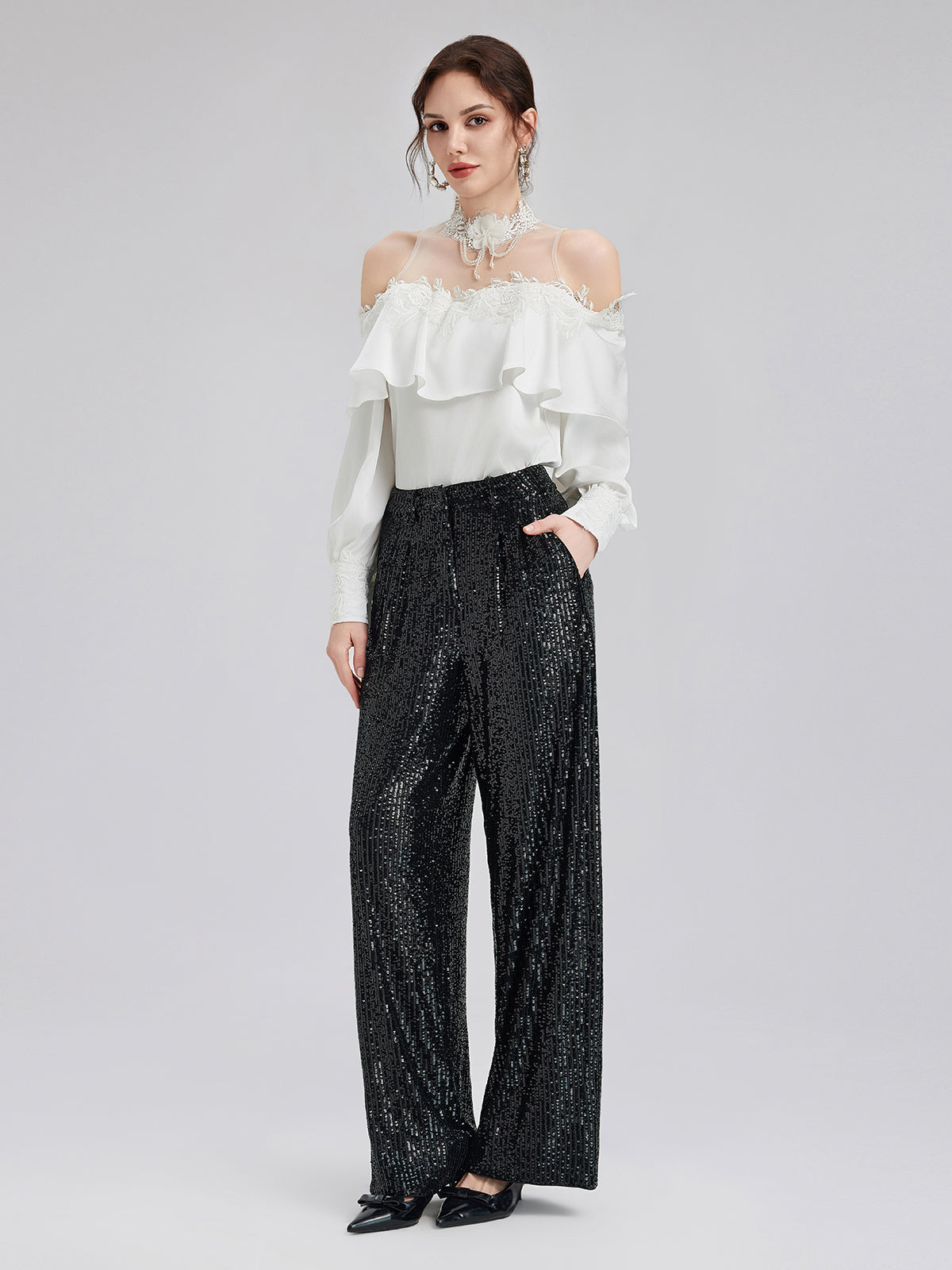 Off-Shoulder Ruffle Lace Mesh Top