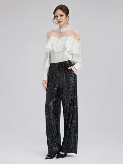 Off-Shoulder Ruffle Lace Mesh Top