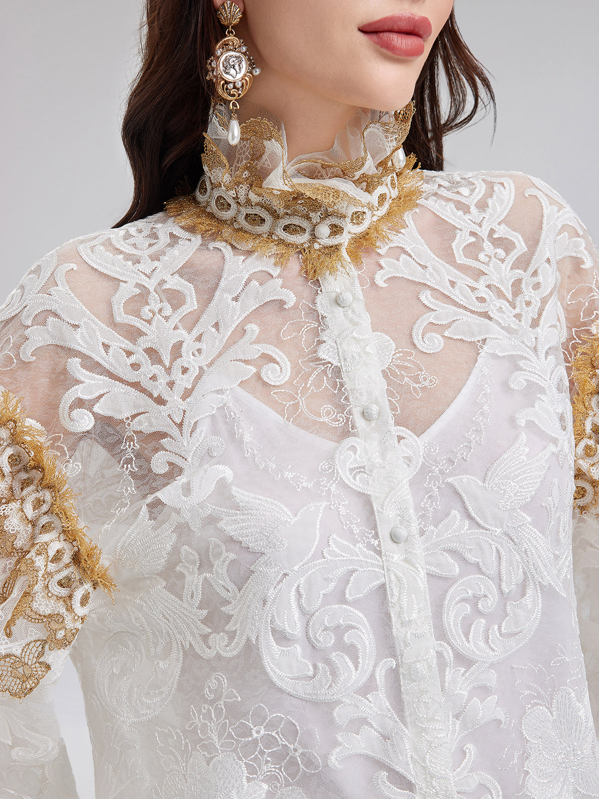 Baroque Lace Embroidered High-Neck Blouse