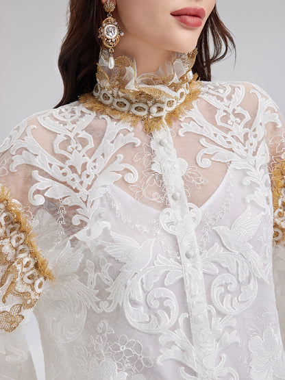 Baroque Lace Embroidered High-Neck Blouse