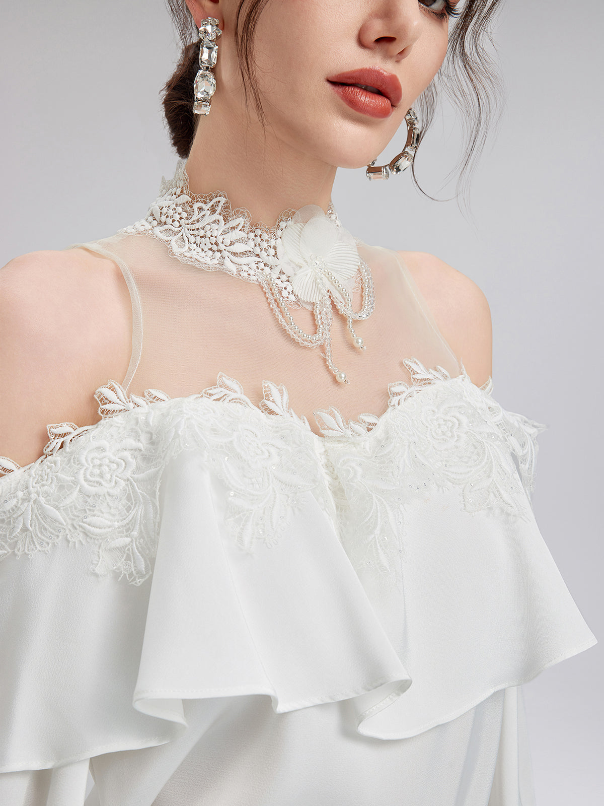 Off-Shoulder Ruffle Lace Mesh Top