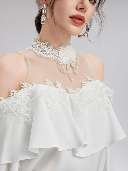 Off-Shoulder Ruffle Lace Mesh Top