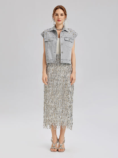 Hand-Beaded Soft Denim Vest