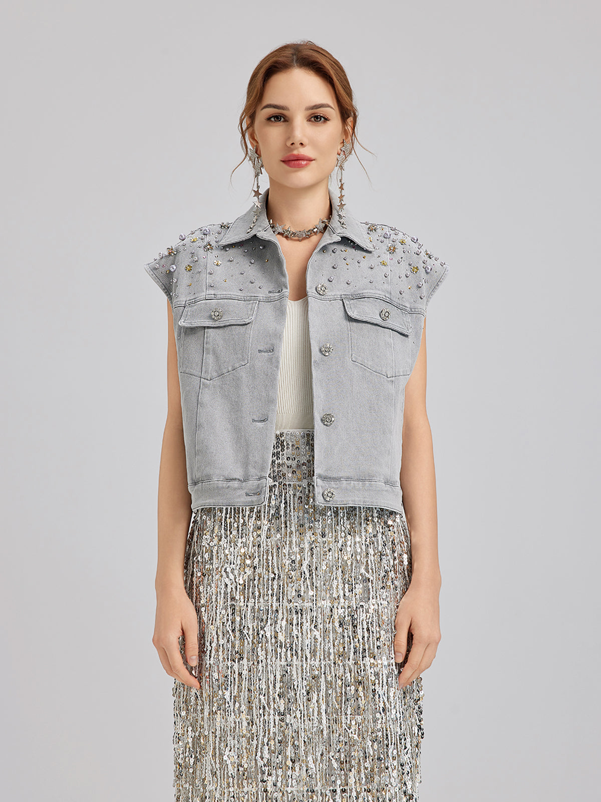 Hand-Beaded Soft Denim Vest