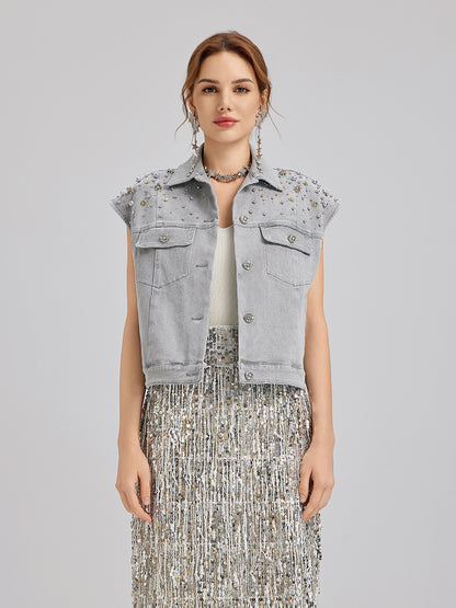 Hand-Beaded Soft Denim Vest