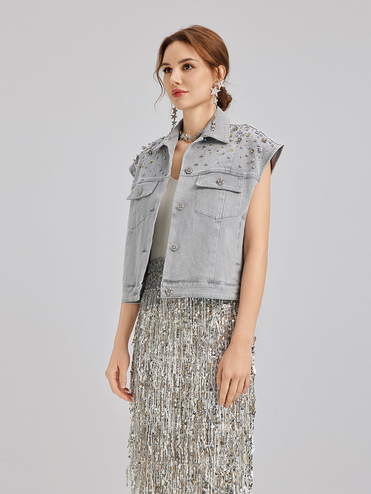 Hand-Beaded Soft Denim Vest