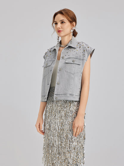 Hand-Beaded Soft Denim Vest