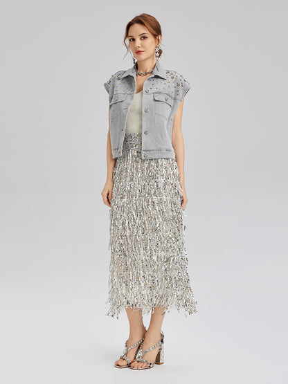 Hand-Beaded Soft Denim Vest