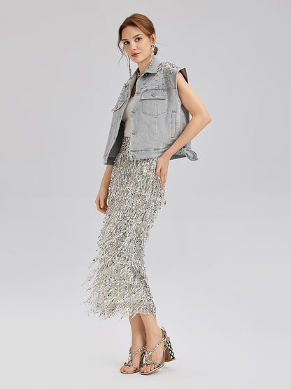 Hand-Beaded Soft Denim Vest