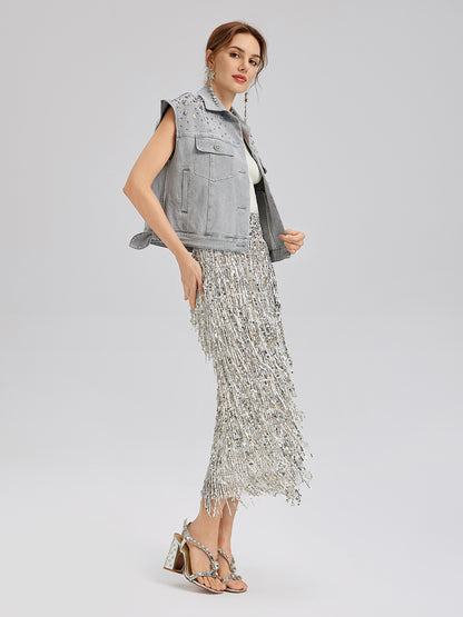 Hand-Beaded Soft Denim Vest