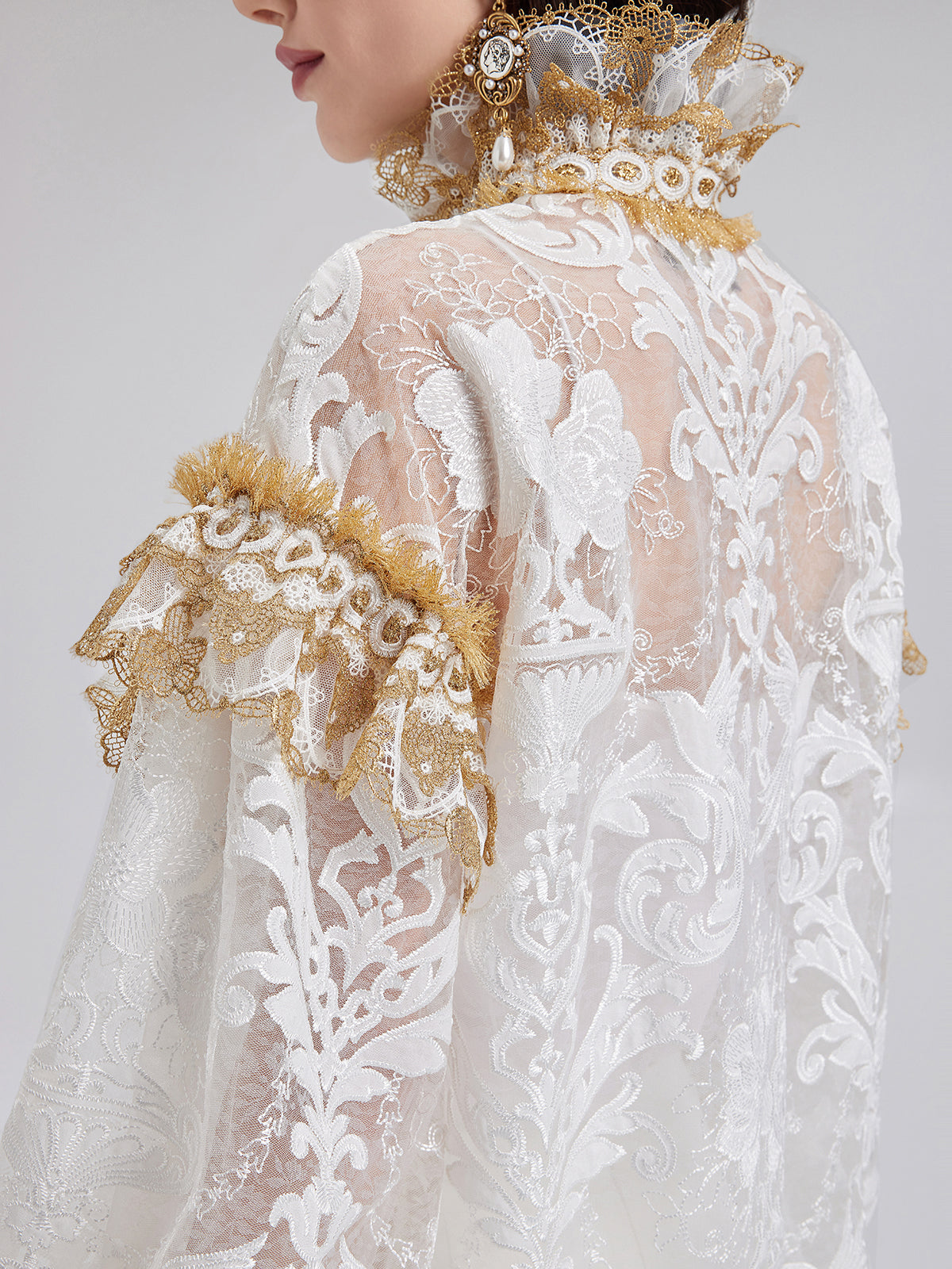 Baroque Lace Embroidered High-Neck Blouse