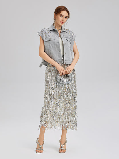 Hand-Beaded Soft Denim Vest