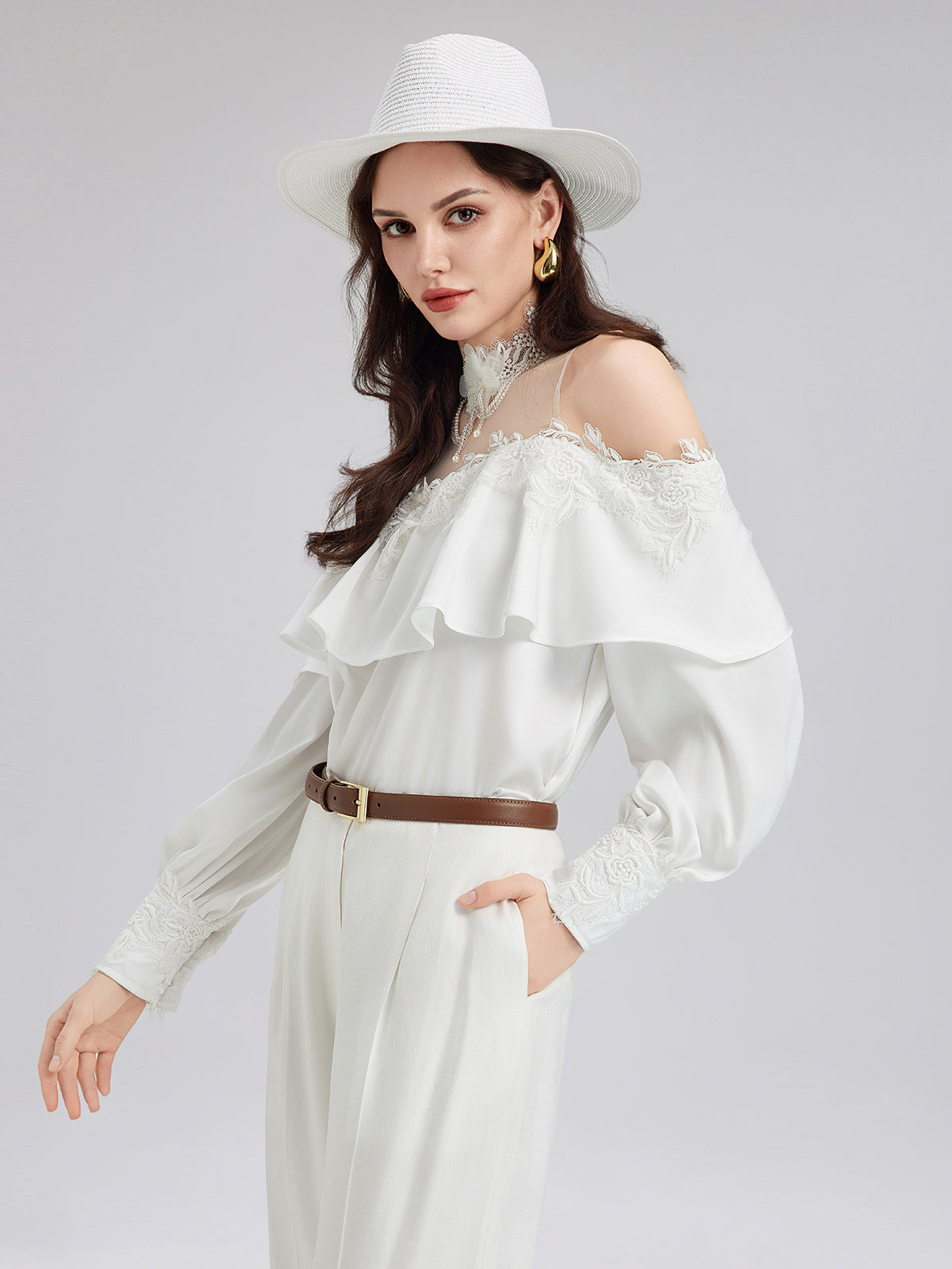 Off-Shoulder Ruffle Lace Mesh Top