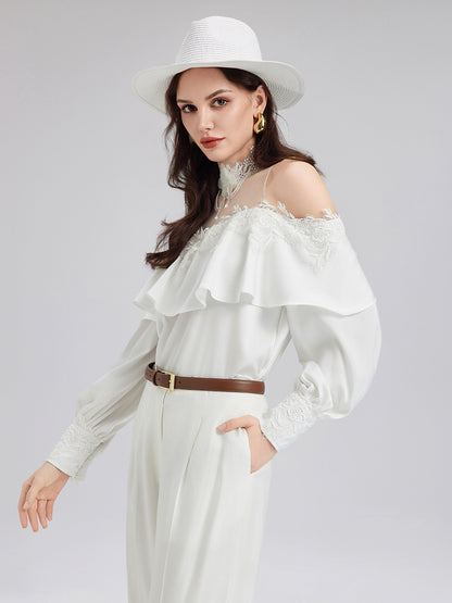 Off-Shoulder Ruffle Lace Mesh Top