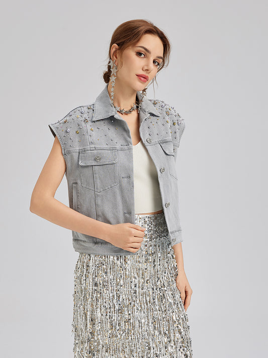 Hand-Beaded Soft Denim Vest