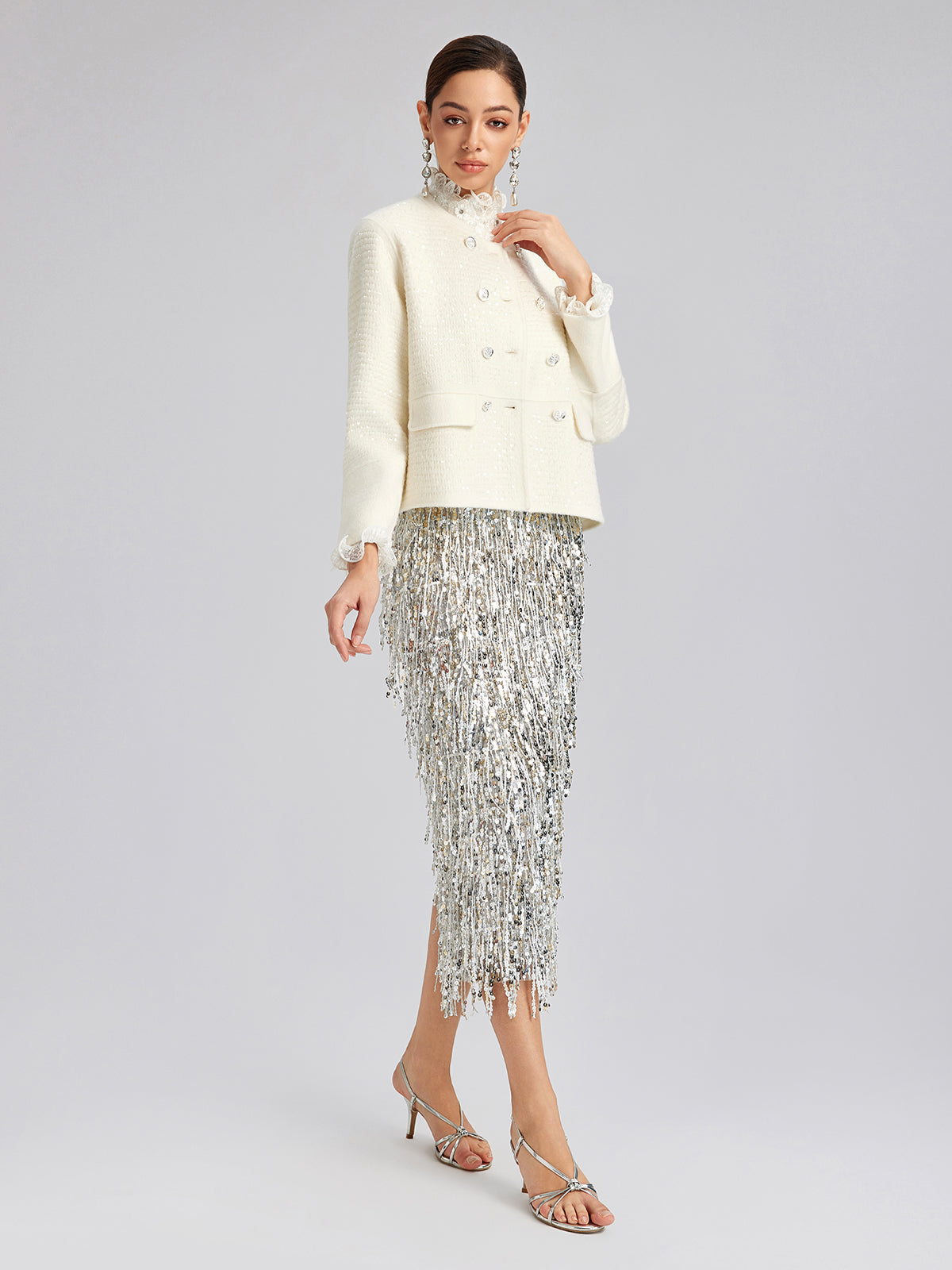 Wool Sequin-Embroidered Round Neckline Jacket (100% Wool)