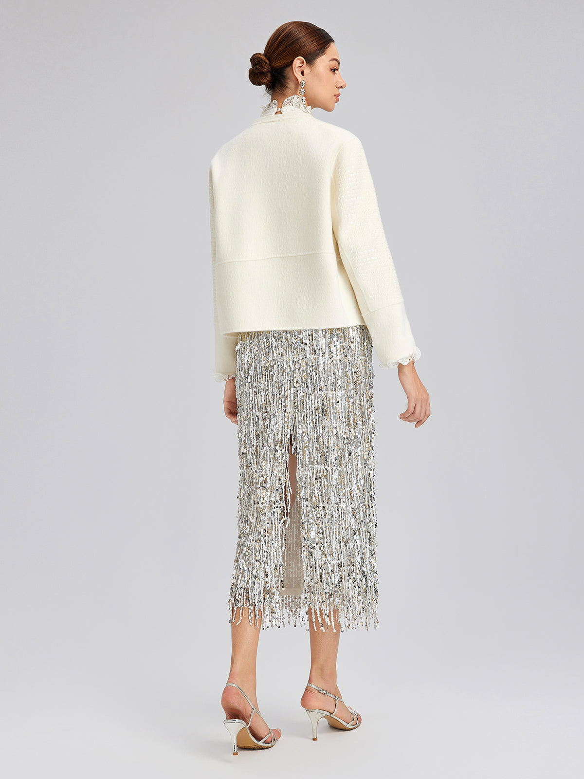 Wool Sequin-Embroidered Round Neckline Jacket (100% Wool)