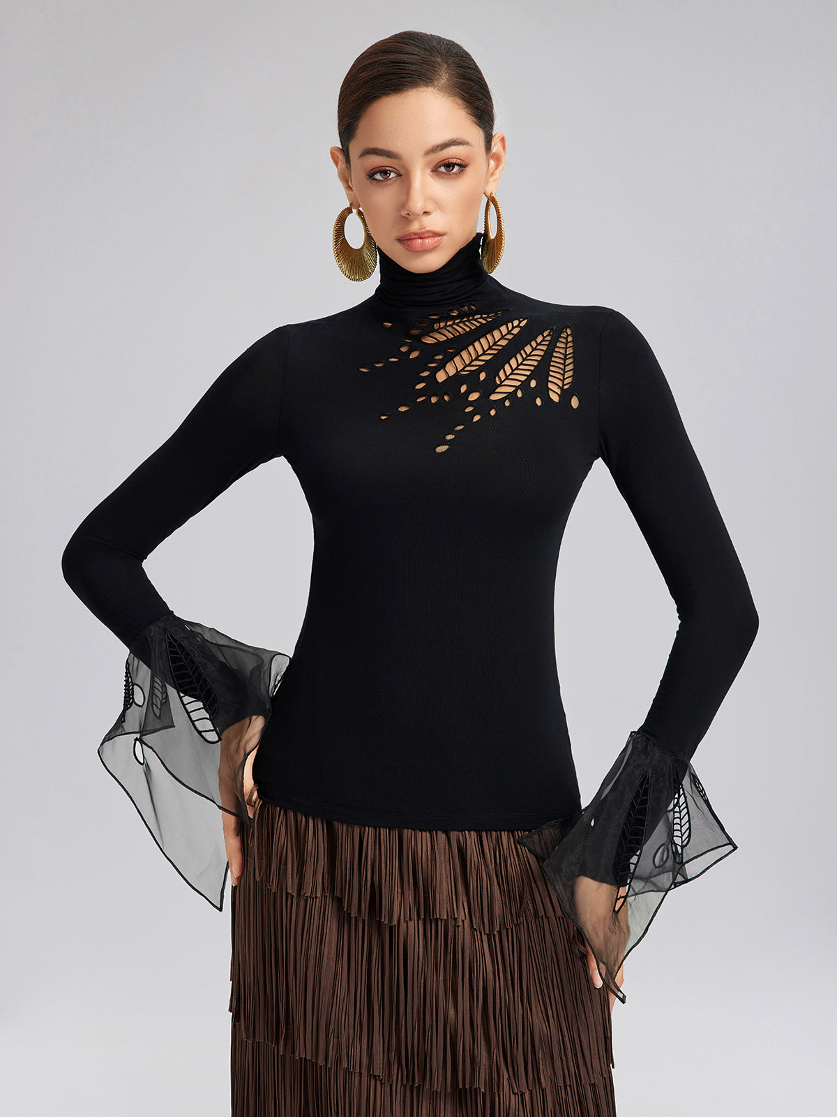 Cutout Stretch Mesh-Dotted Top