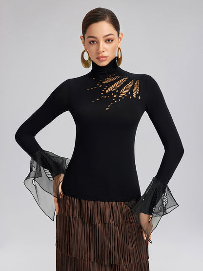 Cutout Stretch Mesh-Dotted Top