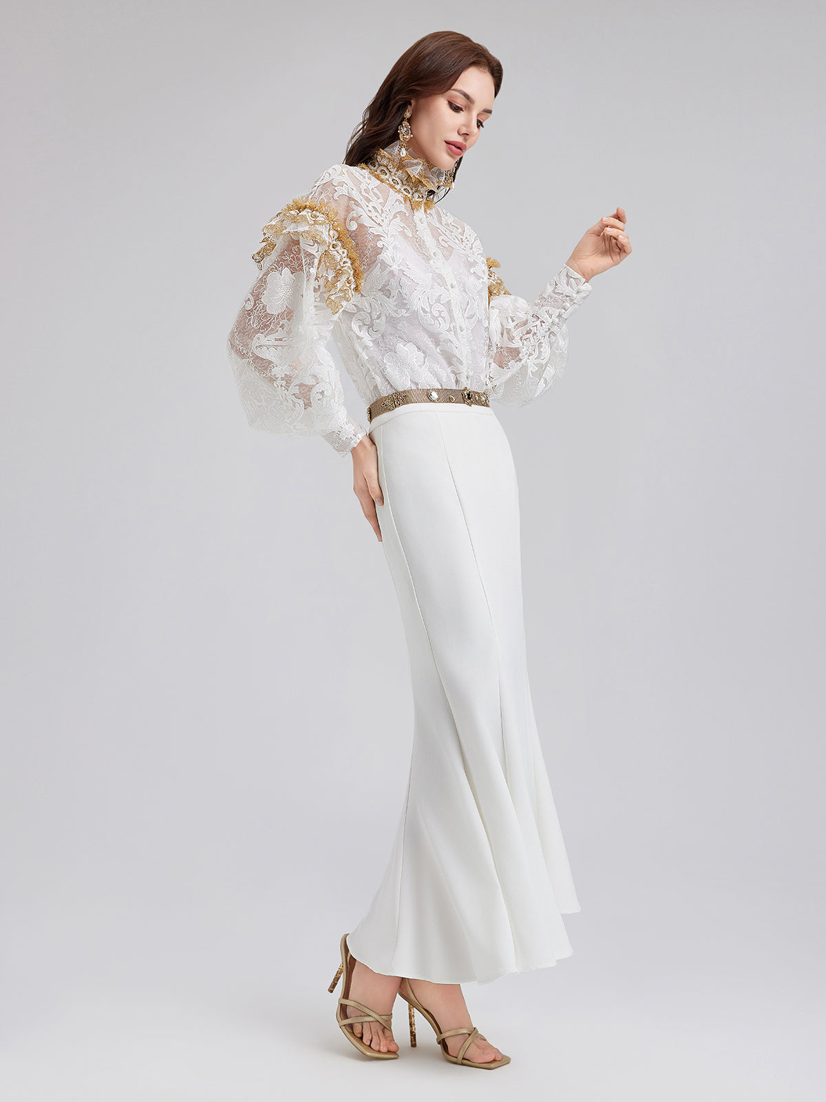 Baroque Lace Embroidered High-Neck Blouse
