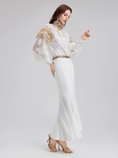Baroque Lace Embroidered High-Neck Blouse