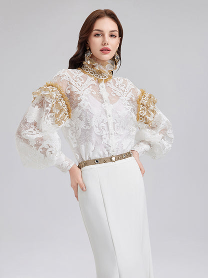 Baroque Lace Embroidered High-Neck Blouse