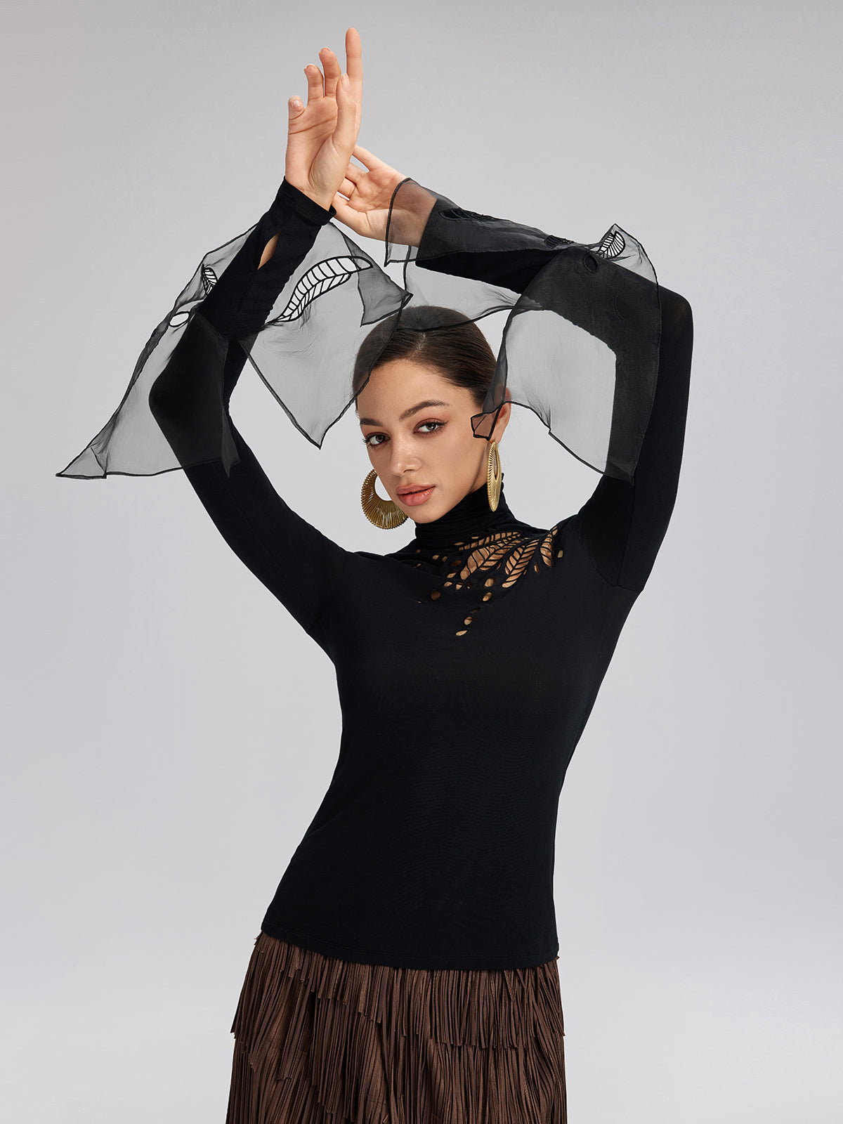 Cutout Stretch Mesh-Dotted Top