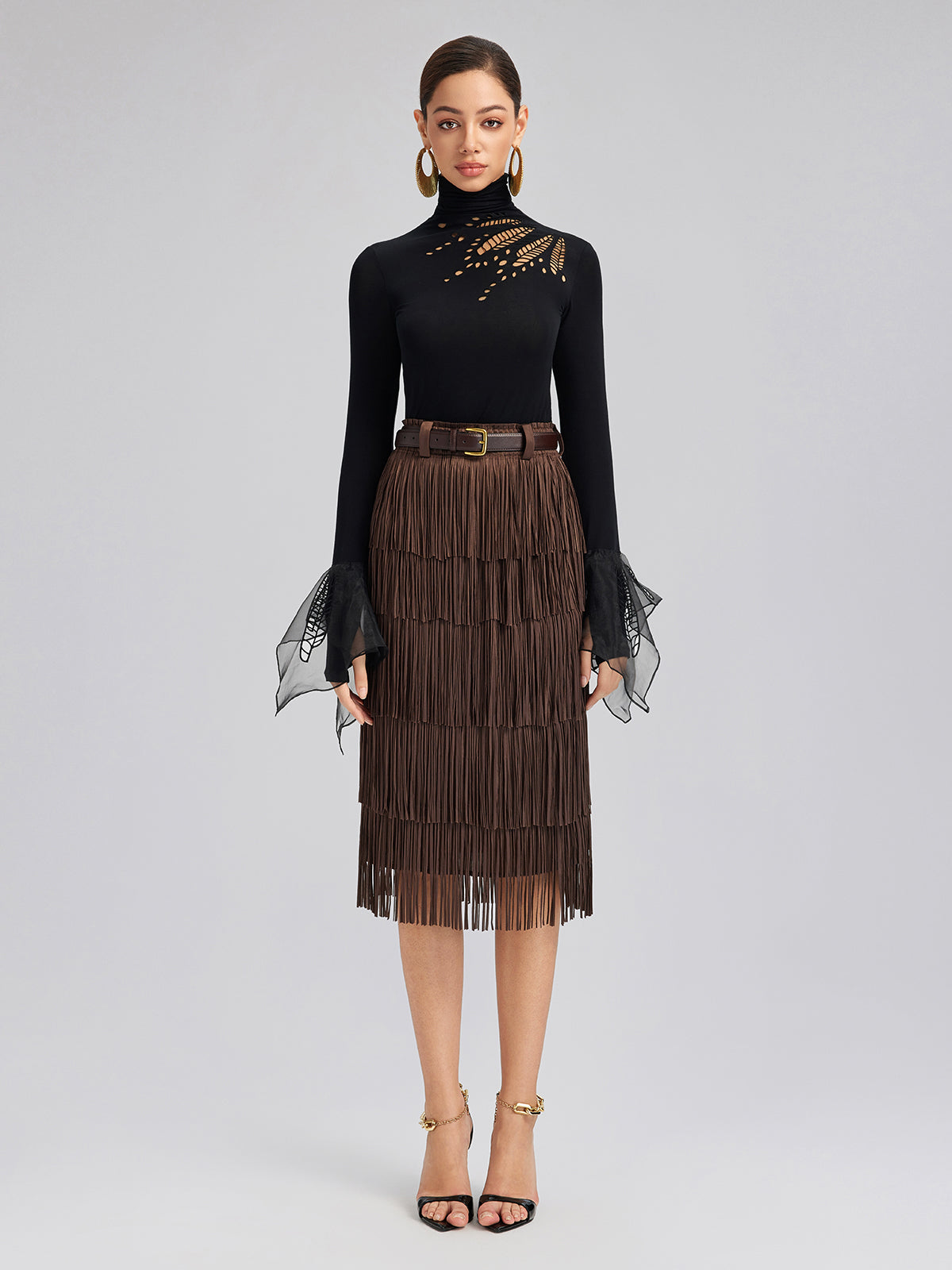 Cutout Stretch Mesh-Dotted Top