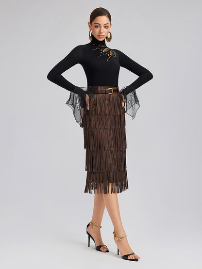 Cutout Stretch Mesh-Dotted Top