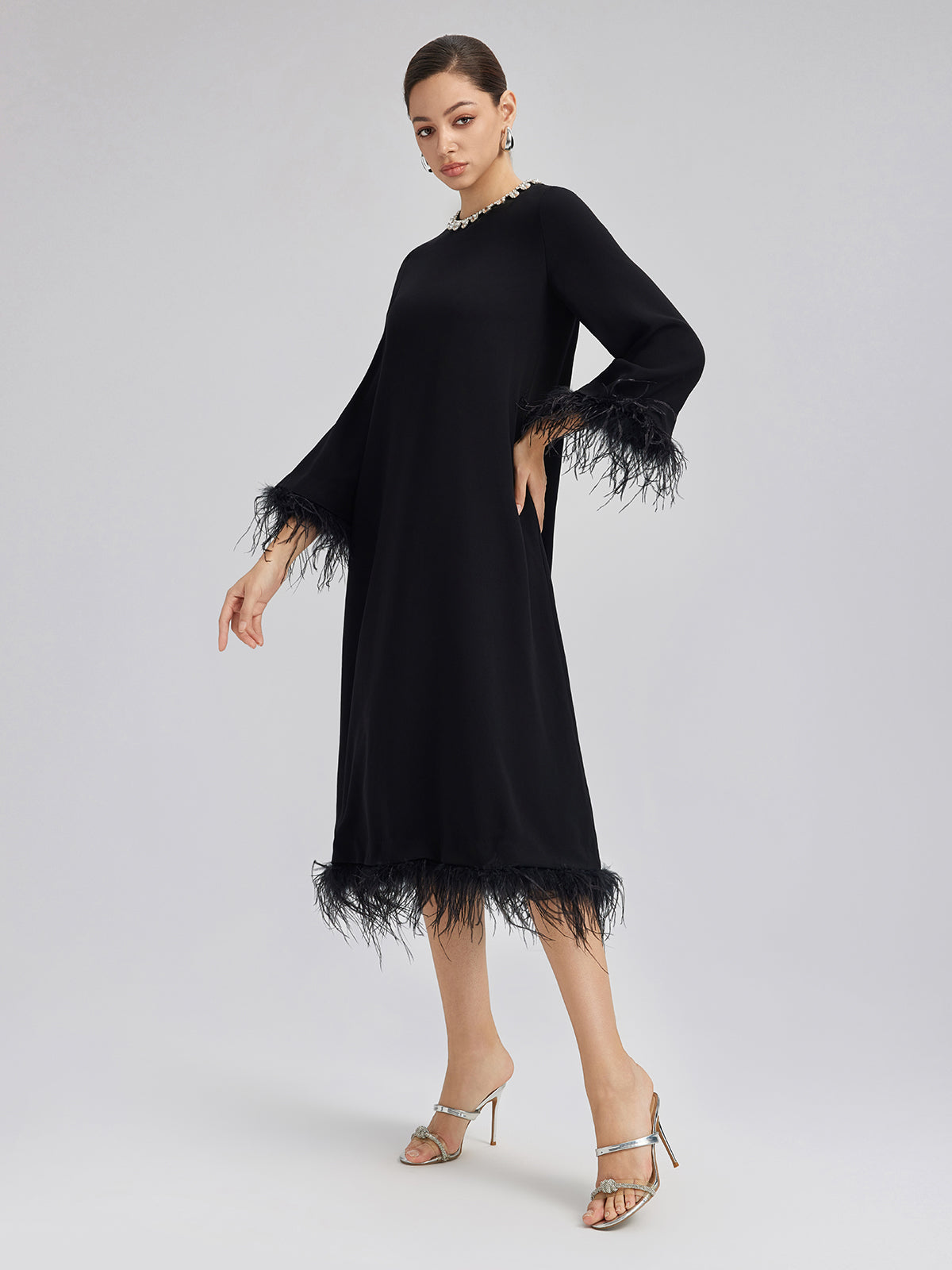 Luxurious Black Feather-Trimmed Dress