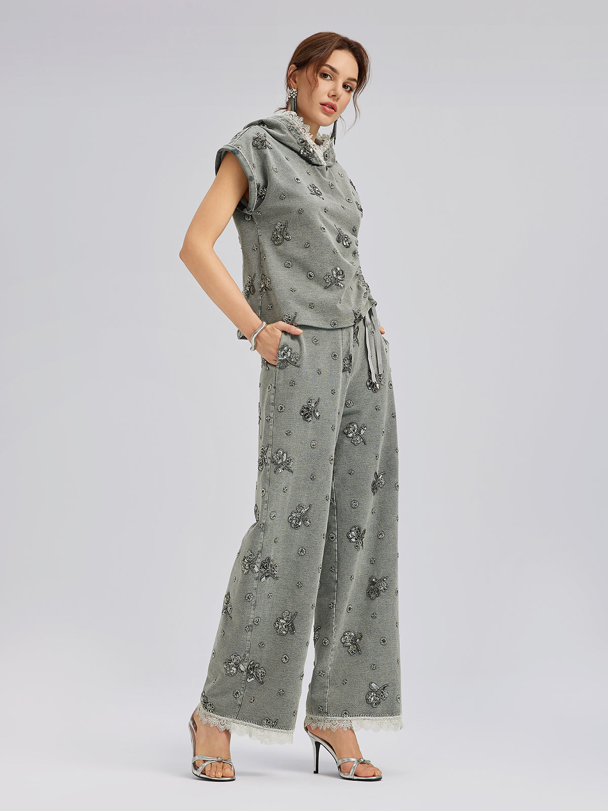 Garment Dyeing Beaded Denim Hoodie