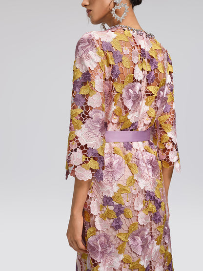 Embroidered Floral Lace Beaded Dress (Waist Tie & Slip Dress Included)