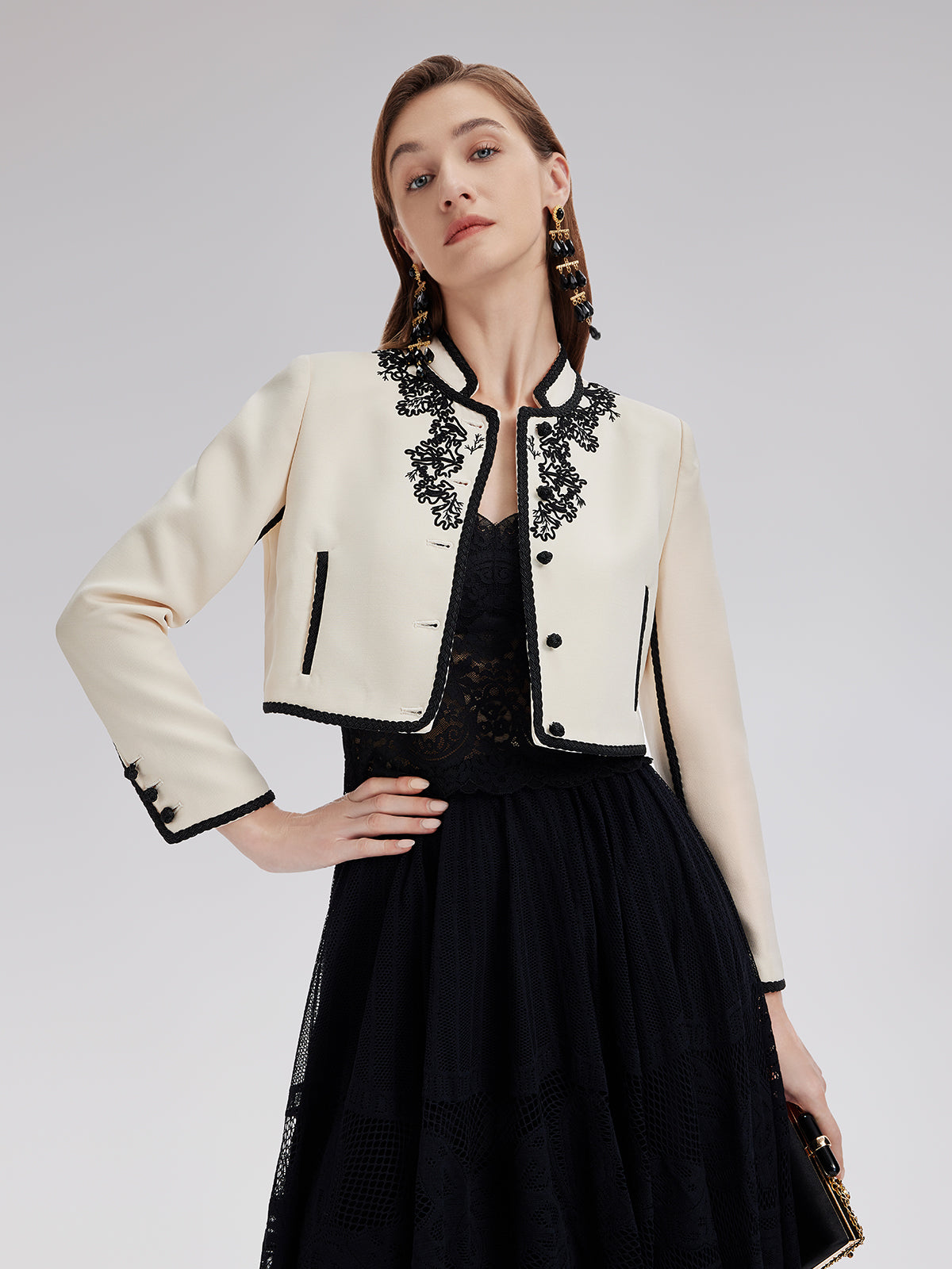 3D Cord Embroidery Silk Wool Cropped Jacket