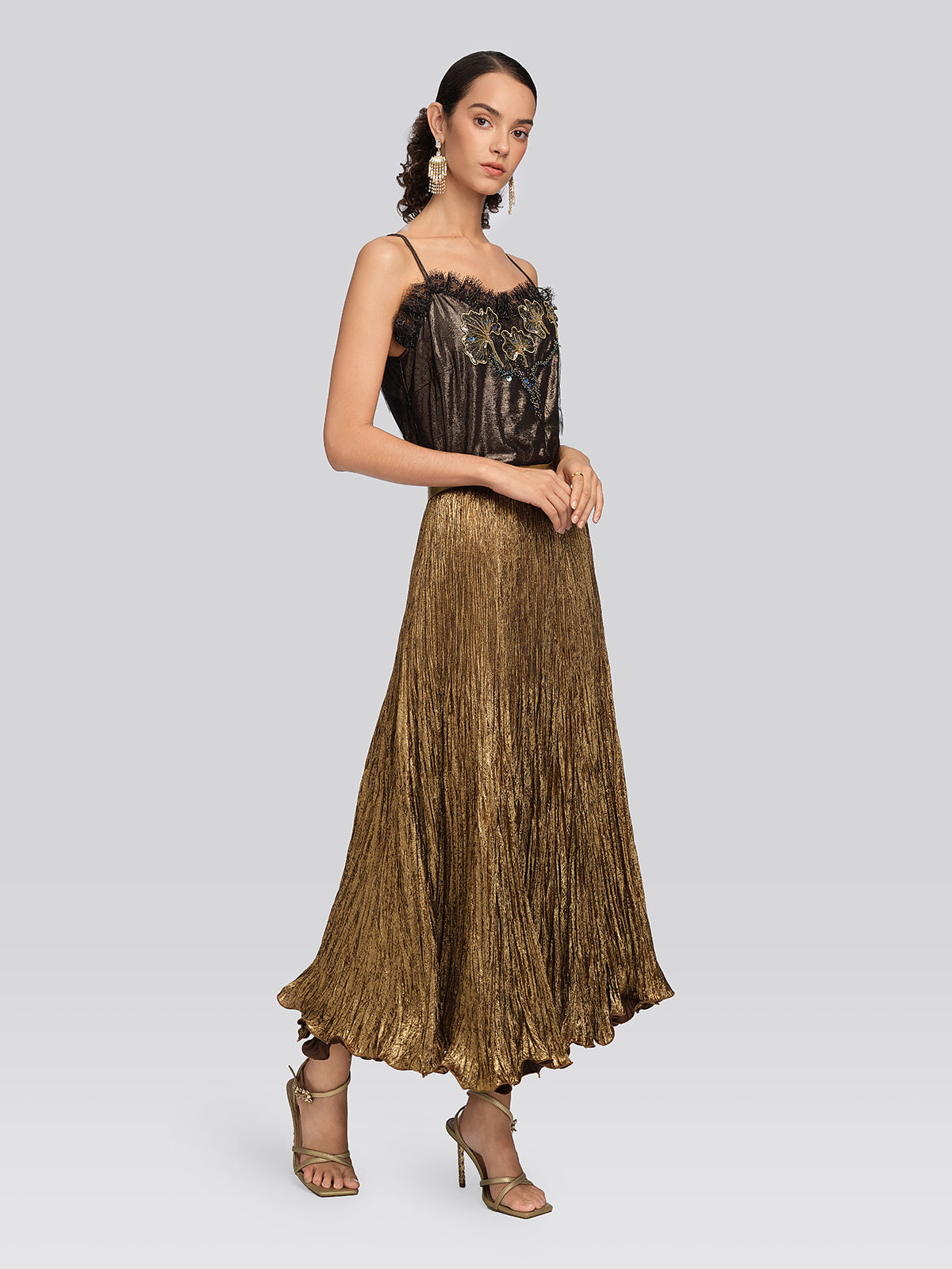 Golden Textured Pleated Mermaid Skirt