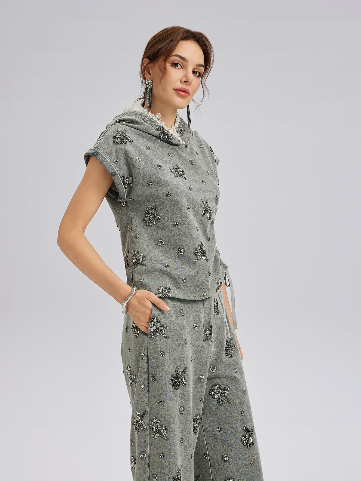 Garment Dyeing Beaded Denim Hoodie