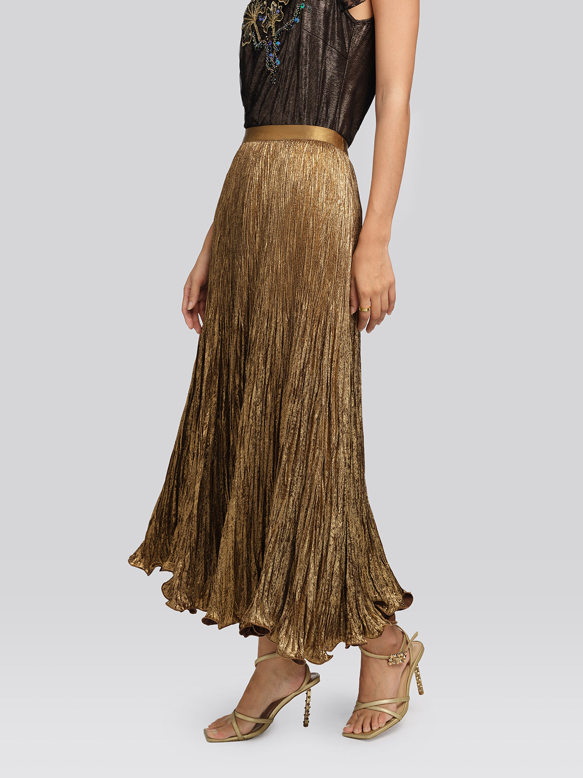 Golden Textured Pleated Mermaid Skirt