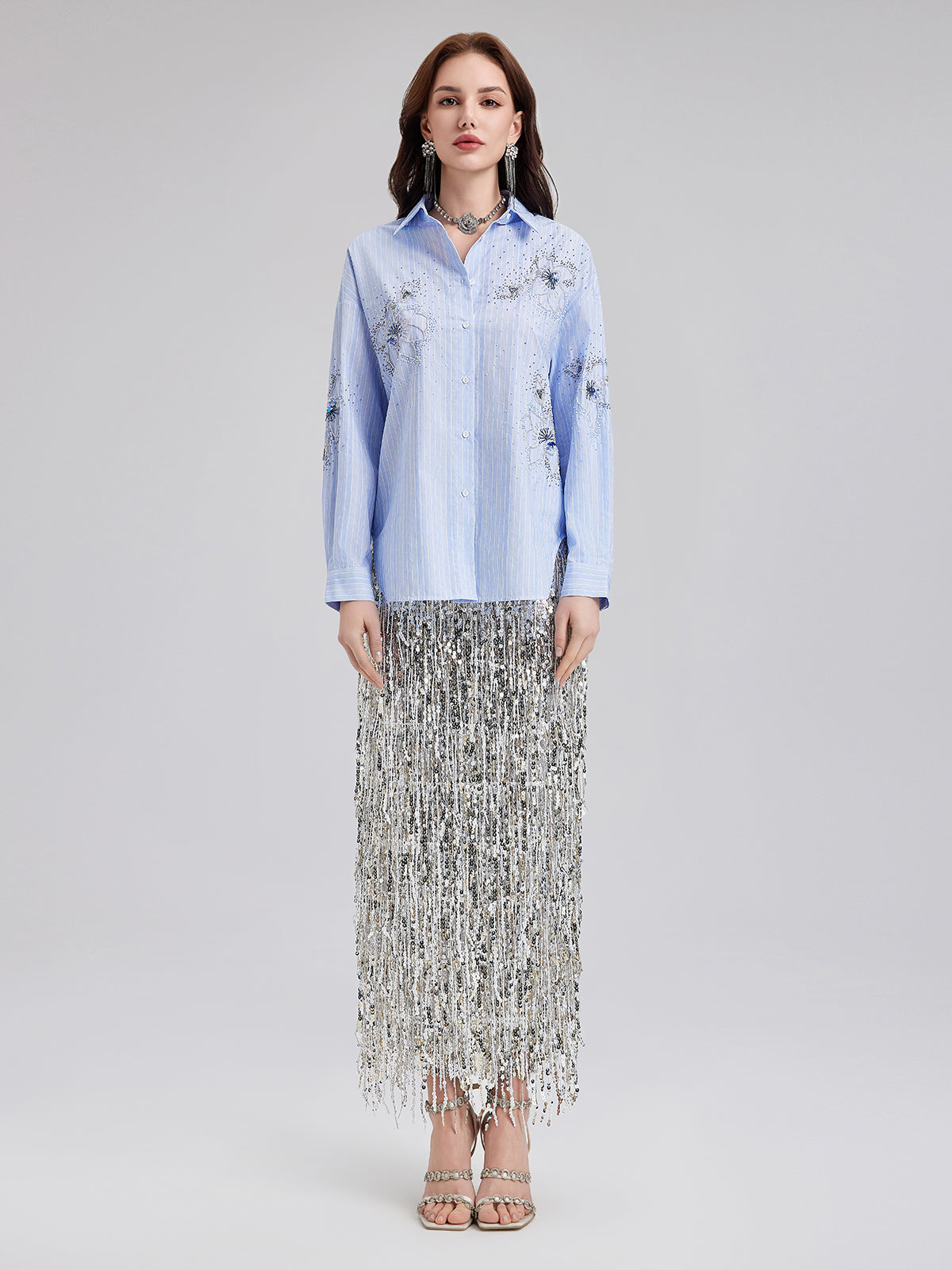 Hand-Beaded Floral Striped Shirt