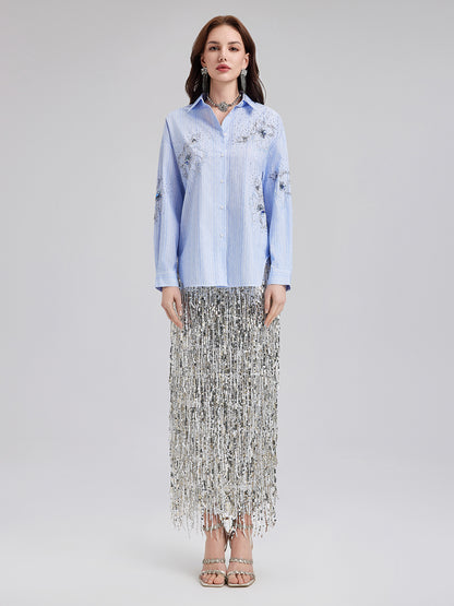 Hand-Beaded Floral Striped Shirt