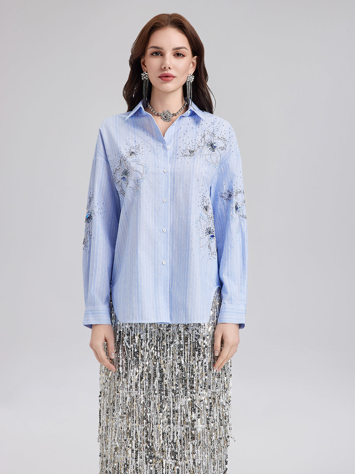 Hand-Beaded Floral Striped Shirt