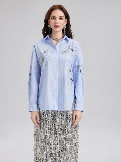 Hand-Beaded Floral Striped Shirt