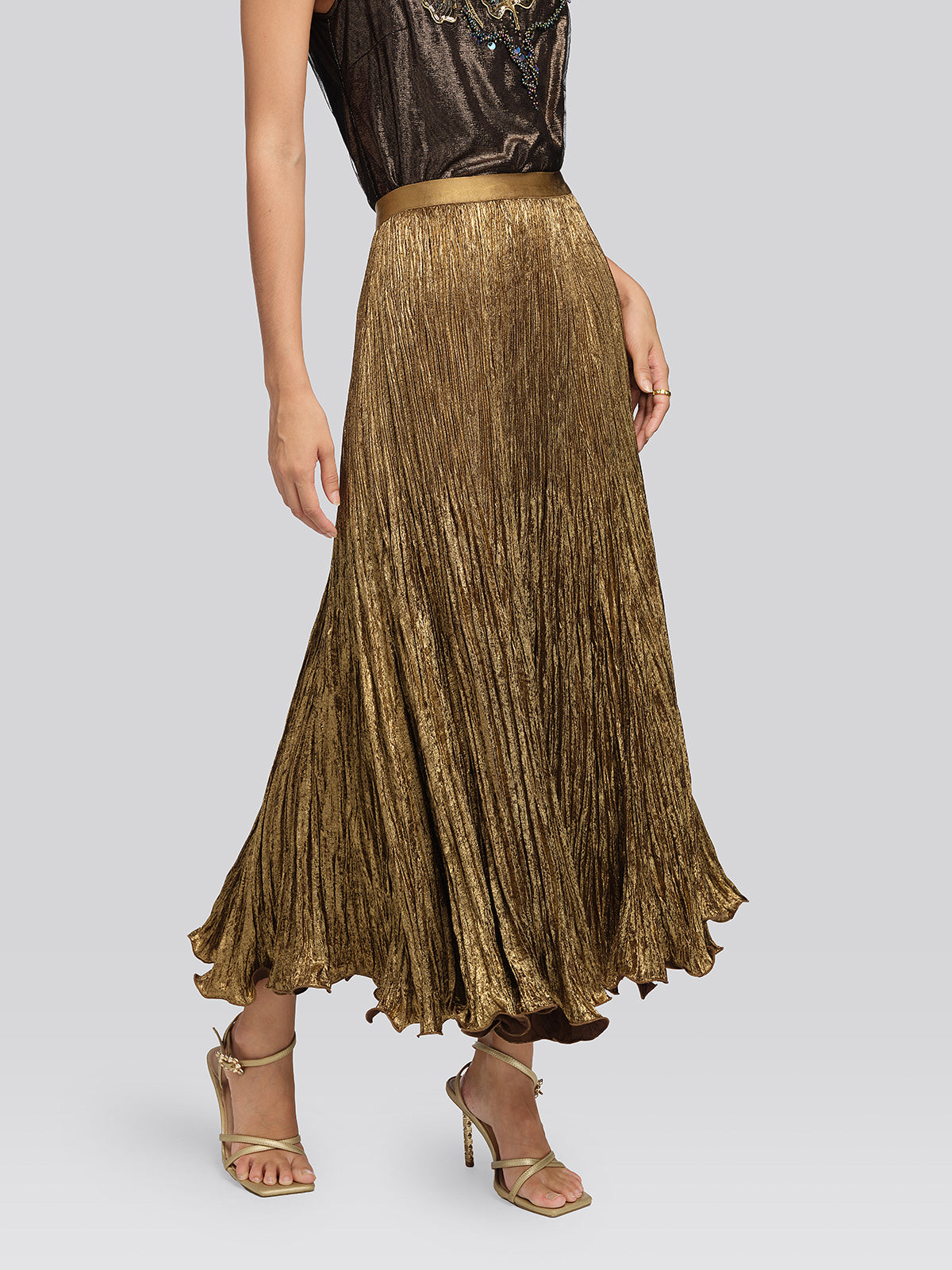 Golden Textured Pleated Mermaid Skirt
