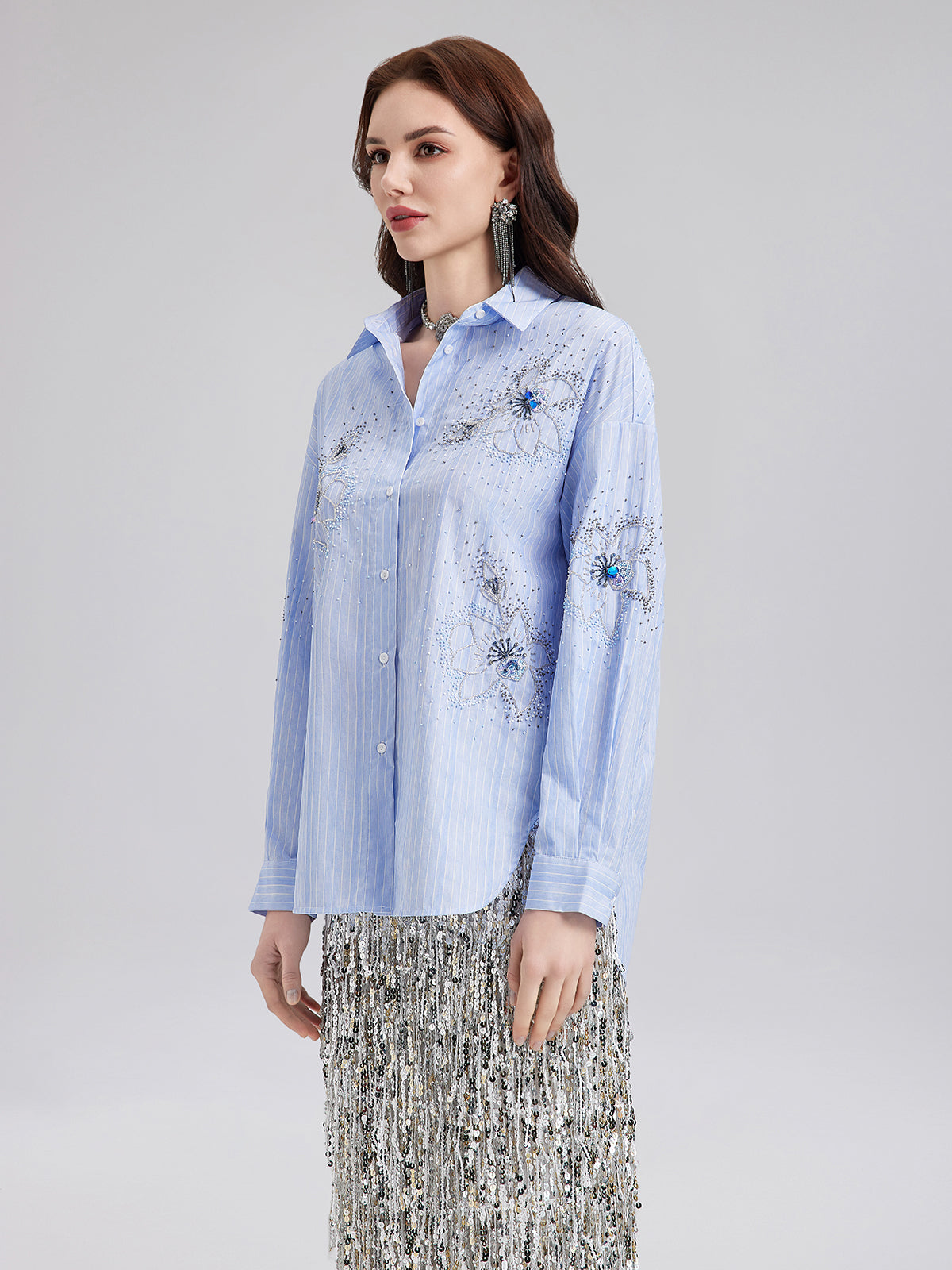 Hand-Beaded Floral Striped Shirt