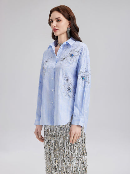 Hand-Beaded Floral Striped Shirt