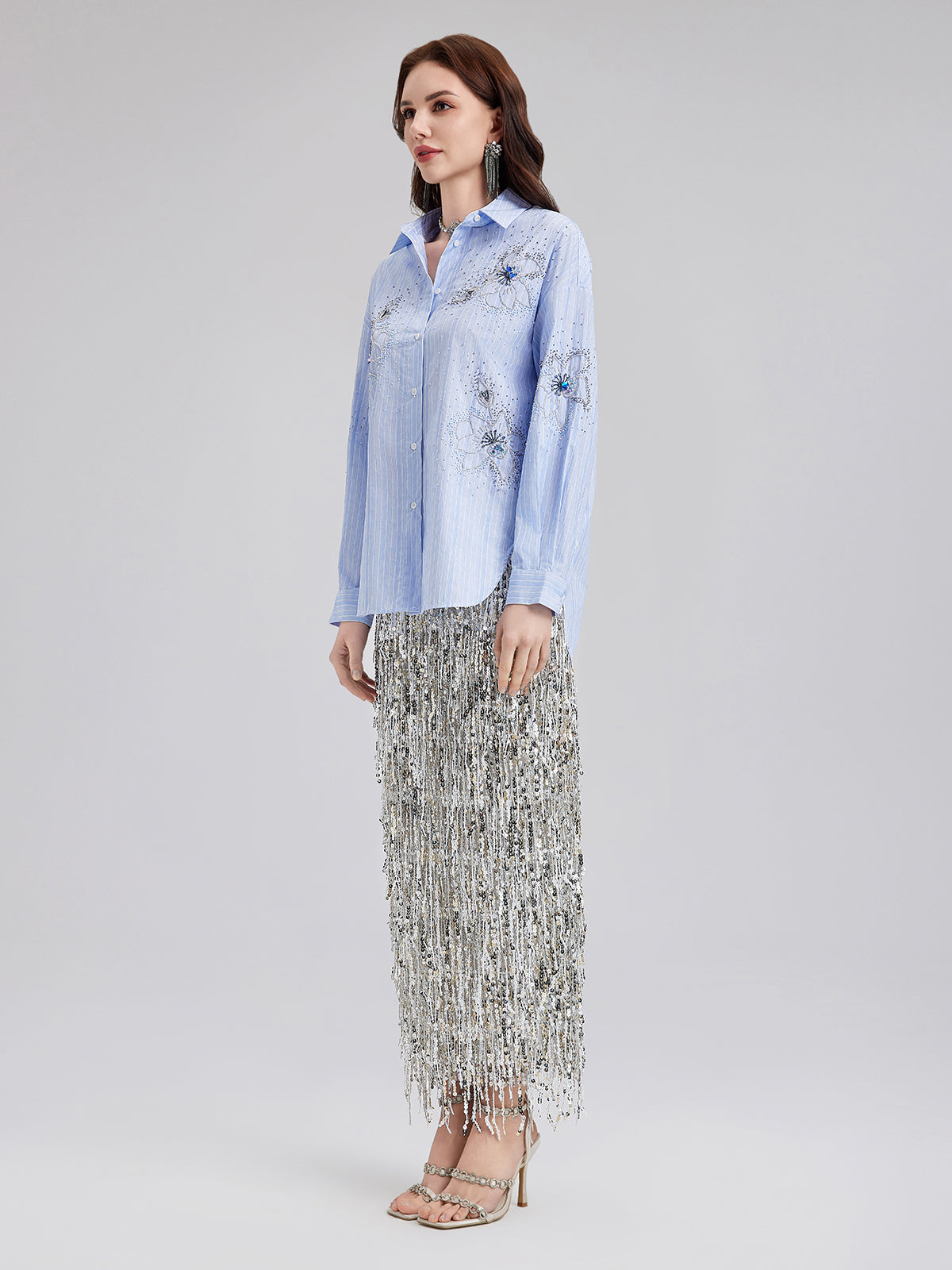 Hand-Beaded Floral Striped Shirt