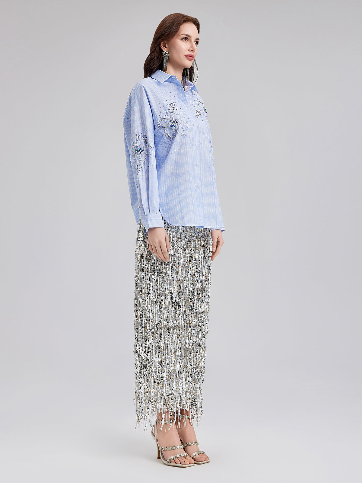 Hand-Beaded Floral Striped Shirt