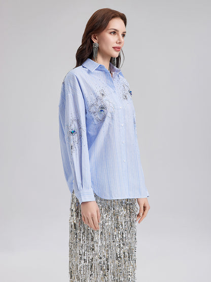 Hand-Beaded Floral Striped Shirt