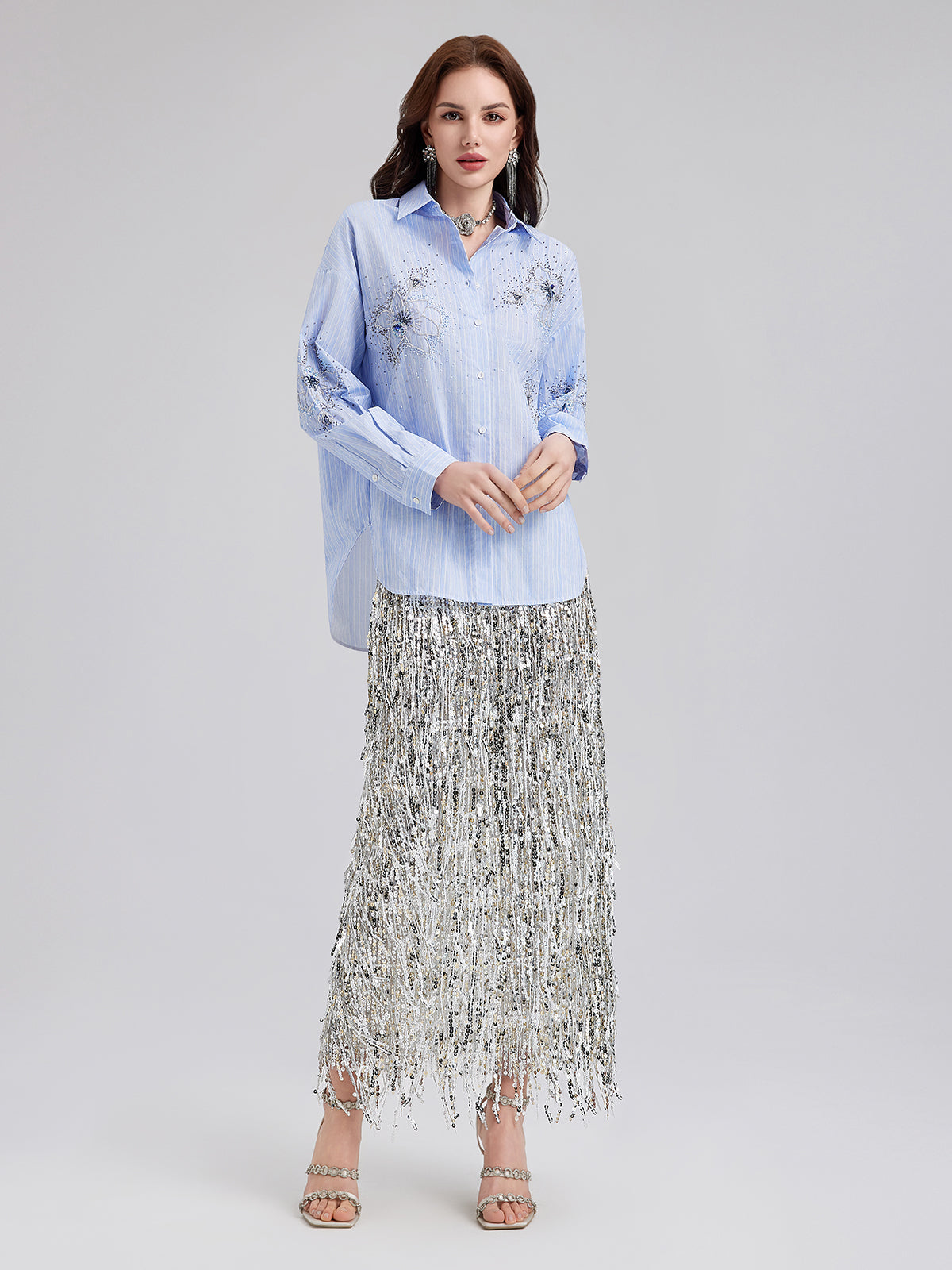 Hand-Beaded Floral Striped Shirt