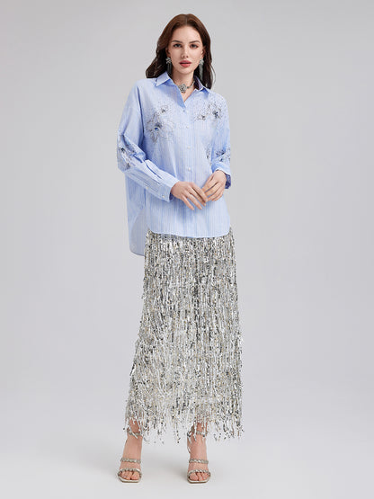 Hand-Beaded Floral Striped Shirt