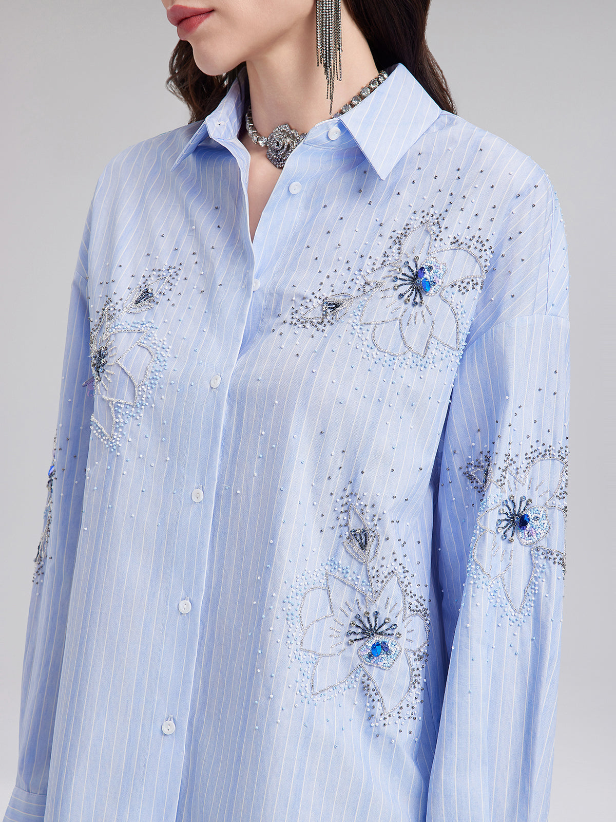 Hand-Beaded Floral Striped Shirt