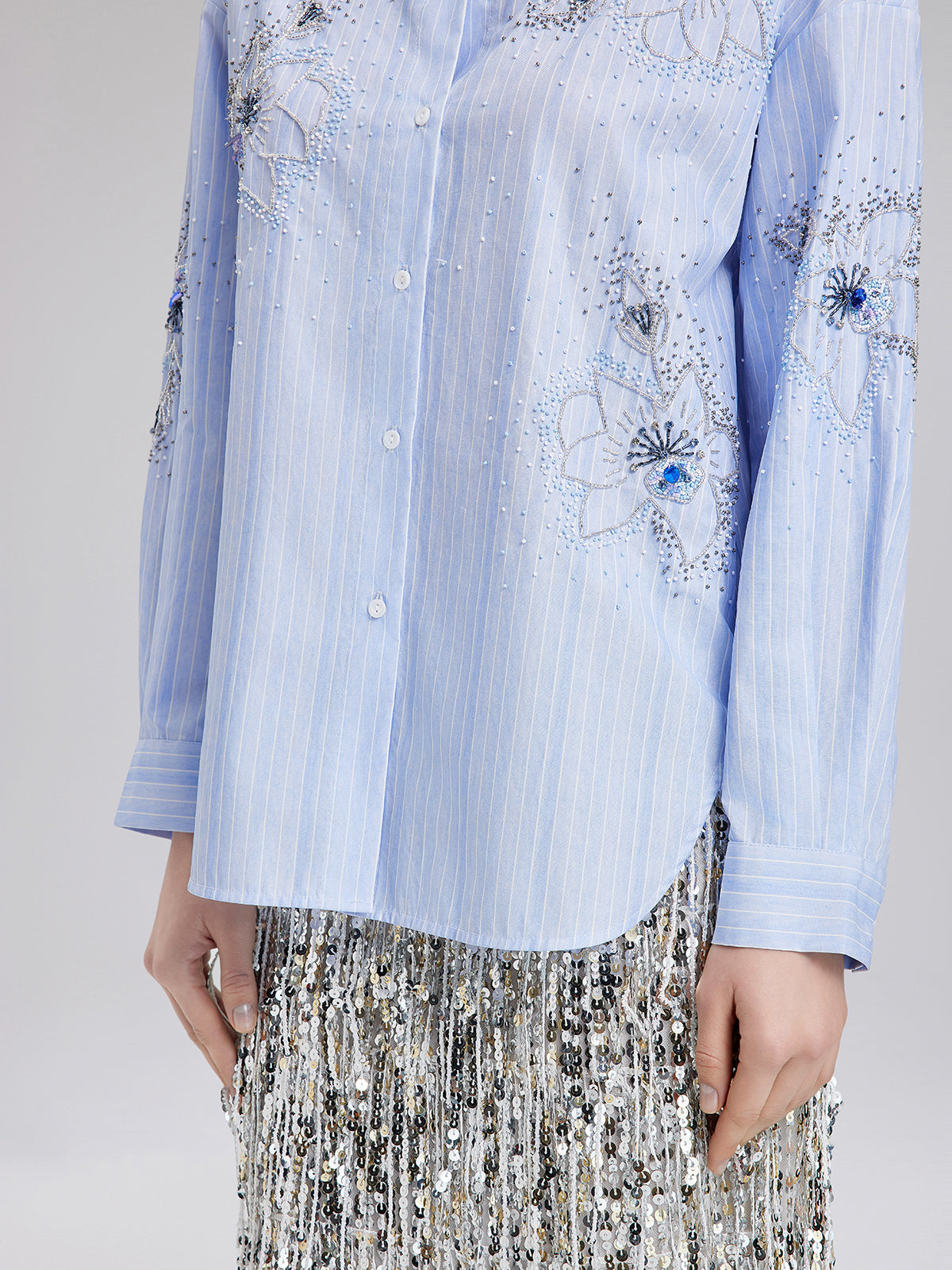 Hand-Beaded Floral Striped Shirt